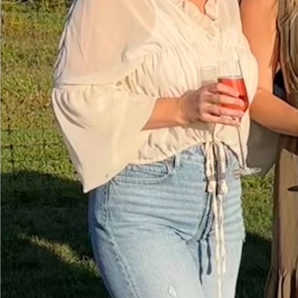 REVOLVE White Ruched Tie Front Blouse